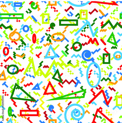 Hipster fashion .Trendy seamless pattern in Memphis style and with different shapes i. Jumble design . Repeating zigzag smooth lines vector background . Cool geometric texture .
