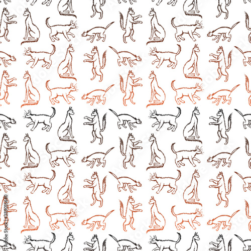 Seamless background of outlines domestic cats in various poses