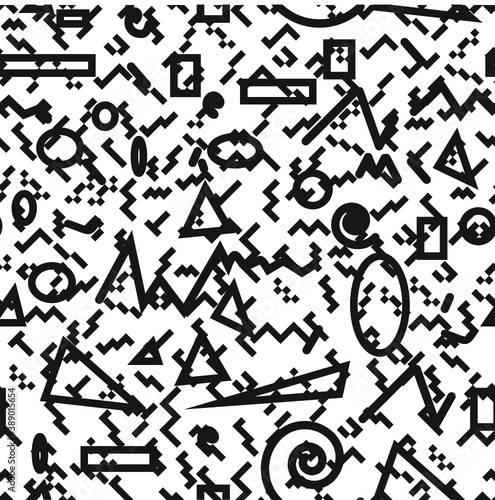 Hipster fashion .Trendy seamless pattern in Memphis style and with different shapes i. Jumble design . Repeating zigzag smooth lines vector background . Cool geometric texture .
