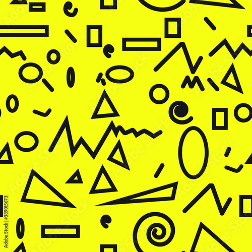 Hipster fashion .Trendy seamless pattern in Memphis style and with different shapes i. Jumble design . Repeating zigzag smooth lines vector background . Cool geometric texture .