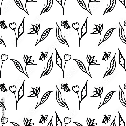 Seamless pattern of outlines various abstract flowers