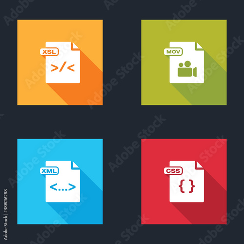 Set XSL file document, MOV, XML and CSS icon. Vector.