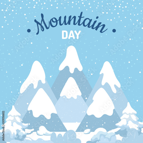 International Mountain Day. For greeting card, poster and banner. Winter background with falling snow, fir trees and snow-capped mountains. Vector Illustration.