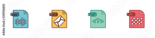 Set WAV file document, MSG, PHP and PNG icon. Vector.