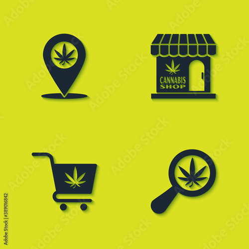 Set Location and marijuana, Magnifying glass, Shopping cart with and Marijuana cannabis store icon. Vector.