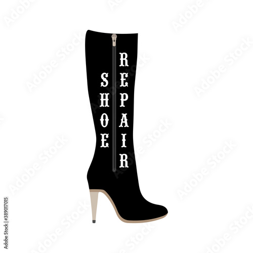 Silhouette of a woman's boot. Logo of a shoe repair shop, workshop shoemaker. Design element for signboard, banner, flyer, poster and other use. The inscription "Shoe repair". Isolated vector, icon.