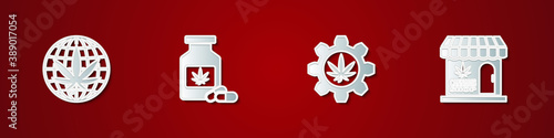 Set Legalize marijuana, Medical bottle with, Test tube and Marijuana and cannabis store icon. Vector.
