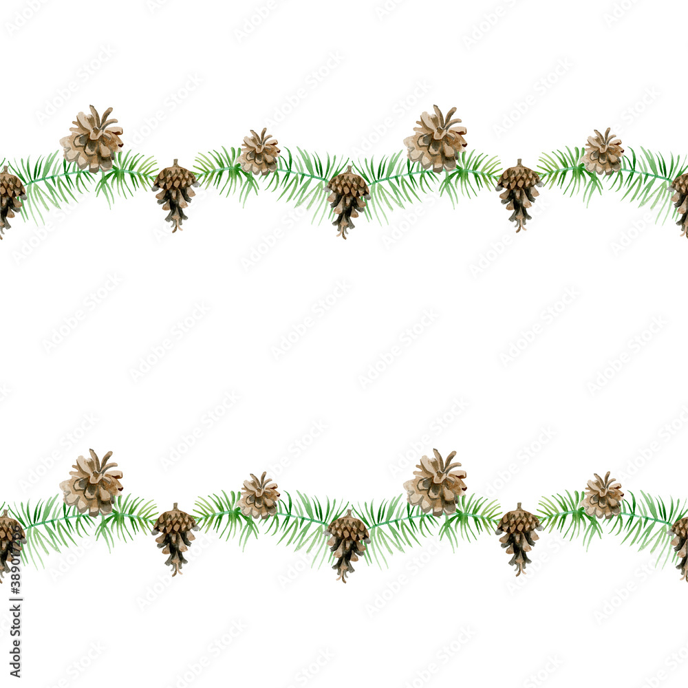 Christmas pattern in a line watercolor minimalism branches and cones Christmas pattern in a line watercolor minimalism branches and cones