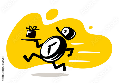 Vector illustration of fast running time, delivery alarm clock character with parcel on tray