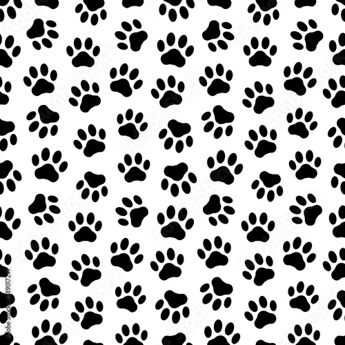 Pet prints. Paw seamless pattern. Cute background for pets  dog or cat. Foot puppy. Black silhouette shape paw. Footprint pet. Animal track. Trace foot dog  cat. Design walks pet for print. Vector