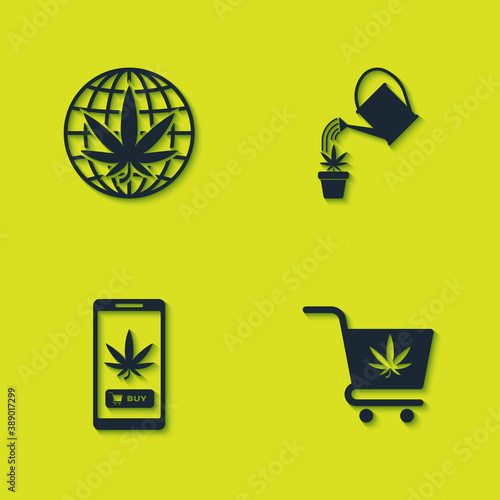 Set Legalize marijuana, Shopping cart with, Online buying and Watering can icon. Vector.