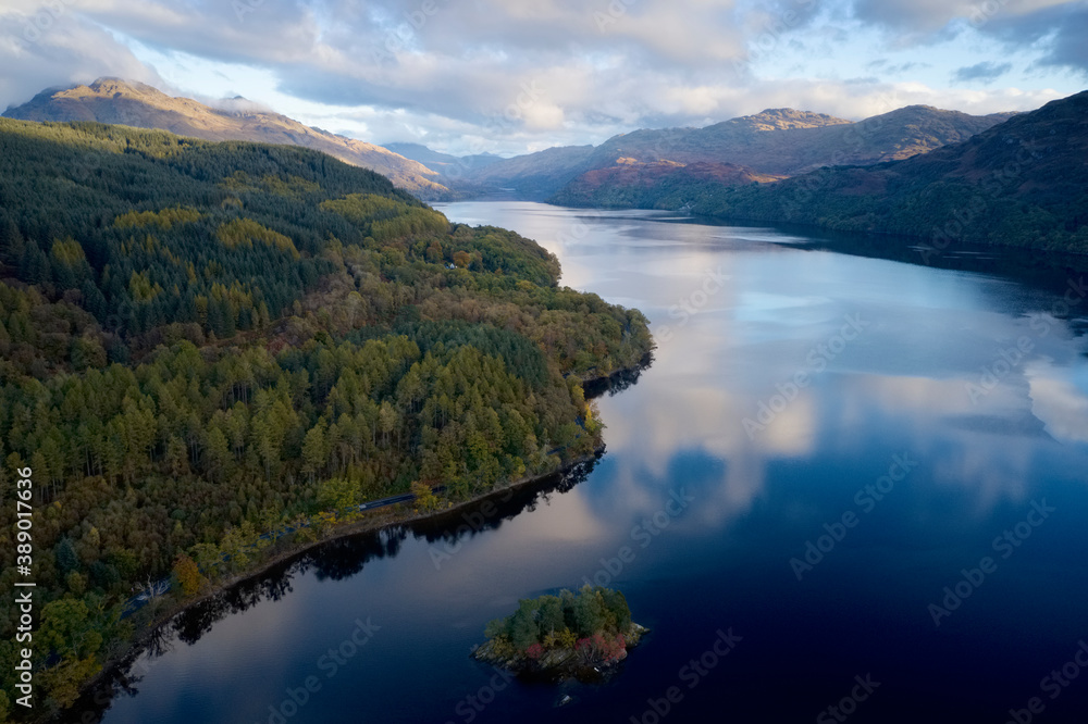 Fototapeta premium Loch Lomond aerial view at Autumn during sunrise near Tarbet