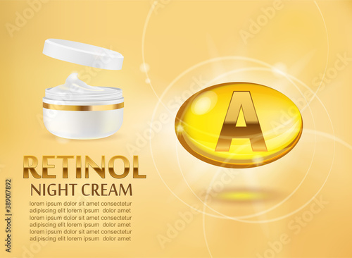 Vector illustration of vitanine A capsule and white cosmetic comtainer on yellow background.