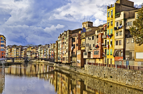 Cramped buildings lining a European canal