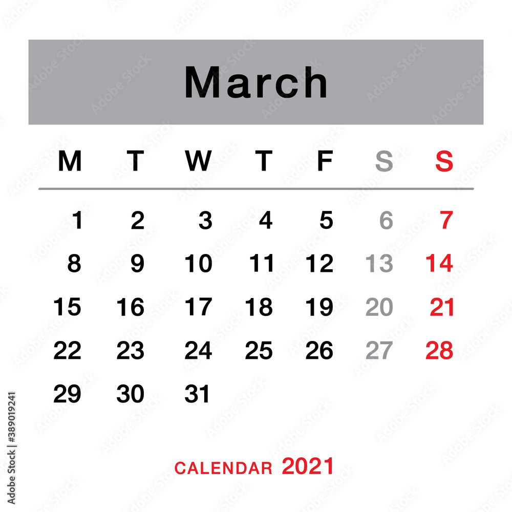 March 2021 planning calendar . Simple March 2021 calendar. Week starts