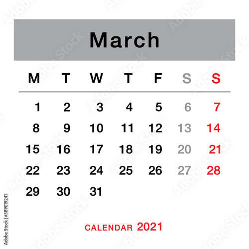 March 2021 planning calendar . Simple March 2021 calendar. Week starts from Monday. Template of calendar for March