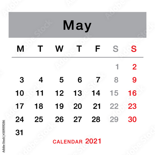 May 2021 planning calendar . Simple May 2021 calendar. Week starts from Monday. Template of calendar for May
