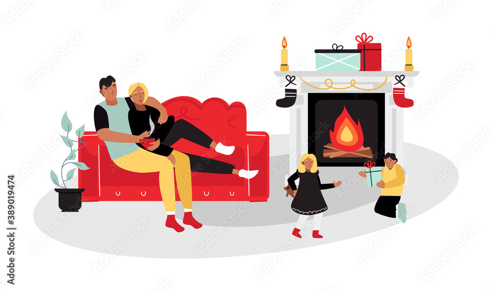 Naklejka premium The family rests at home with cocoa near the fireplace. New Year atmosphere. Vector illustration
