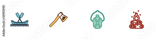 Set Rafting boat, Wooden axe, Canteen water bottle and Campfire icon. Vector.