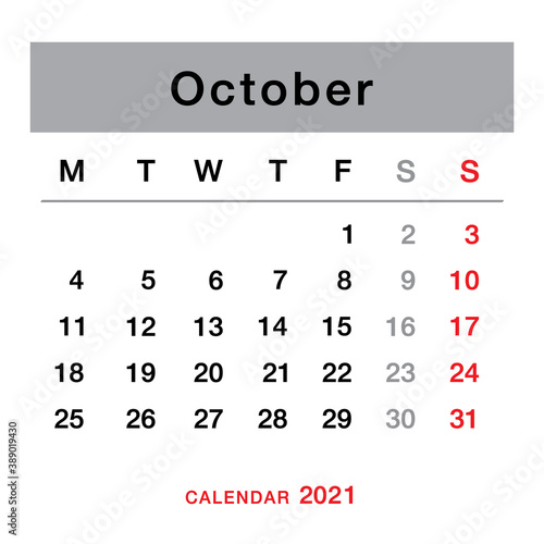 October 2021 planning calendar . Simple October 2021 calendar. Week starts from Monday. Template of calendar for October