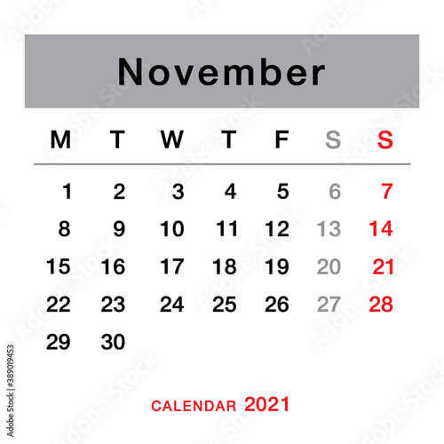 November 2021 planning calendar . Simple November 2021 calendar. Week starts from Monday. Template of calendar for November