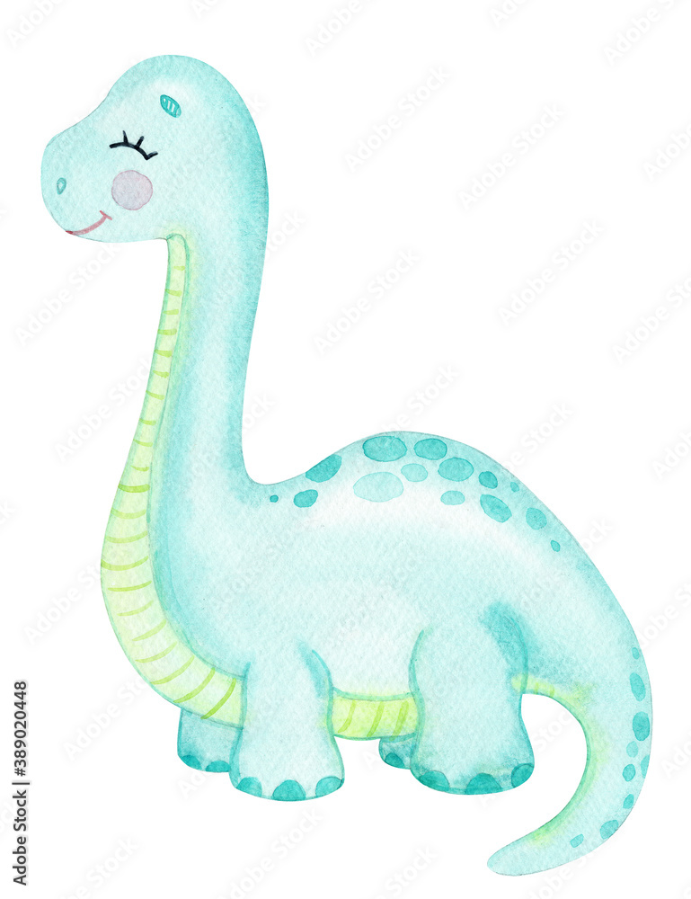 watercolor blue diplodocus isolated on white background. Cute dinosaur illustration