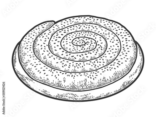 Snail pie, rounded confection. Engraving vector illustration. Sketch scratch board imitation.