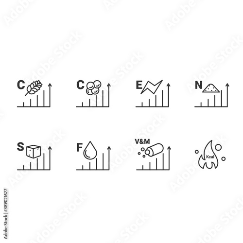 Nutrition supplements content line icons set. Energy value. Healthy, balanced eating. Fats, carbs, vitamins, minerals, and more. Nutrition facts concept.Isolated vector illustrations. Editable stroke 