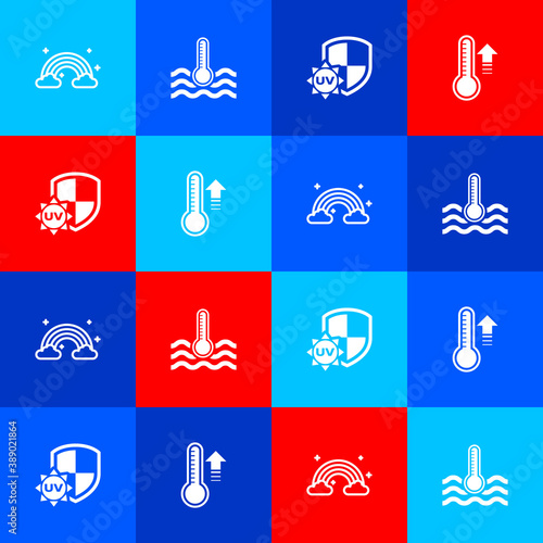 Set Rainbow with clouds, Water thermometer, UV protection and Meteorology icon. Vector.
