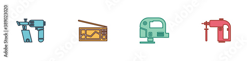 Set Nail gun, Radio, Electric jigsaw and Rotary hammer drill machine icon. Vector.