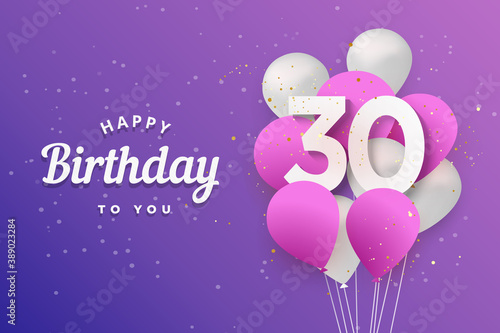 Happy 30th birthday balloons greeting card background. 30 years anniversary. 30th celebrating with confetti. Vector stock	
