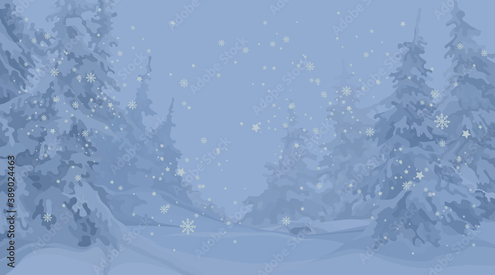 drawn winter forest with snowy fir trees and falling snowflakes