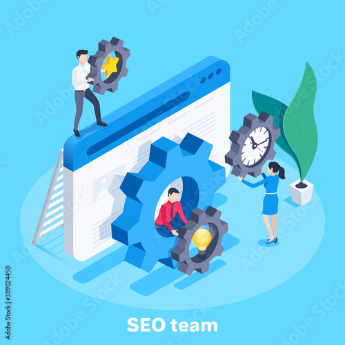 isometric vector image on a blue background, browser window and gears, people work in a team, seo developers