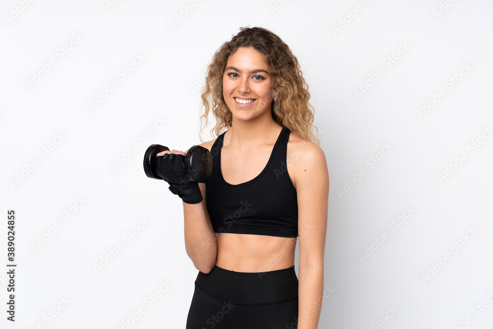 Young sport woman isolated on white background making weightlifting Young sport woman isolated on white background making weightlifting