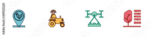 Set Chicken farm and location, Wireless tractor smart, Smart with drone and Plant status icon. Vector.