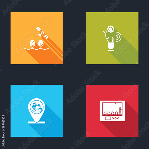 Set Smart farm with drone, farming technology, Tractor and location and Incubator for eggs icon. Vector.