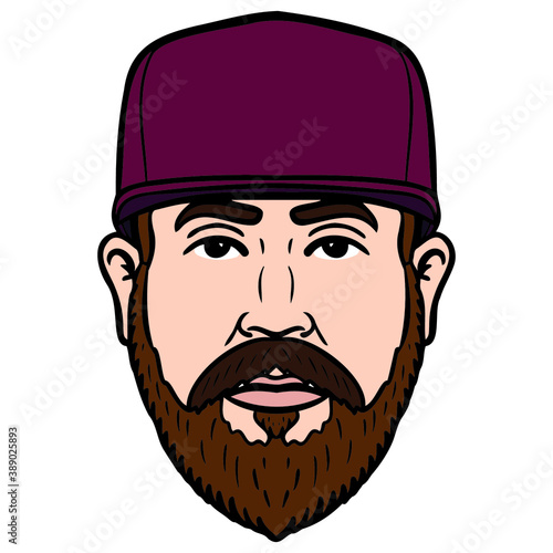 man's head with brown beard and red baseball cap. avatar, comic.