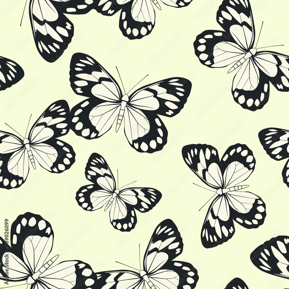 Seamless vector butterflies pattern. Butterfly print. Trendy animal motif wallpaper. Fashionable background for fabric, textile, design, banner, cover, web etc. Seamless vector butterflies pattern. Butterfly print. Trendy animal motif wallpaper. Fashionable background for fabric, textile, design, banner, cover, web etc.