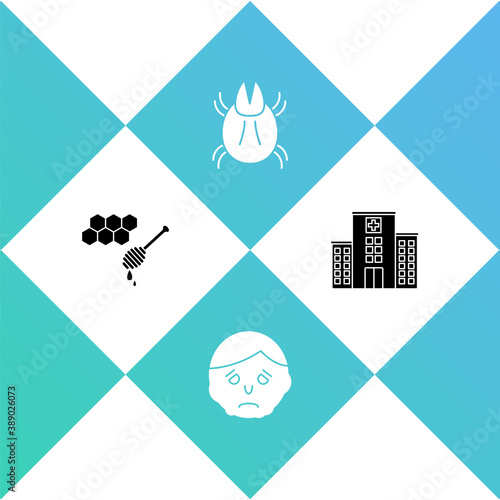 Set Honeycomb with honey dipper, Inflammation face, Parasite mite and Medical hospital building icon. Vector.