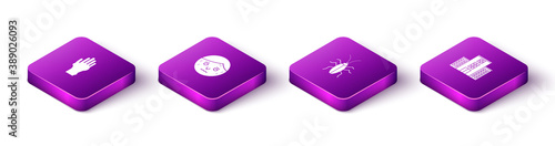 Set Isometric Hand with psoriasis or eczema, Man excessive sweating, Cockroach and Medical hospital building icon. Vector.