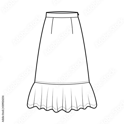 Skirt midi prairie dirndl technical fashion illustration with mid-calf lengths, semi-circular fullness, thick waistband. Flat bottom template front, white color style. Women men unisex CAD mockup