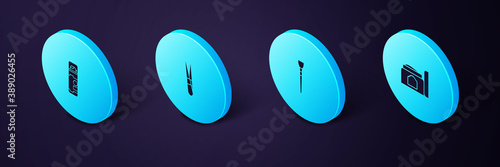 Set Isometric Cream cosmetic tube, Makeup brush, Eyebrow tweezers and Shaving gel foam icon. Vector.