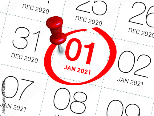 Close up of first day of the year 2021 on diary calendar, simple and clean design vector. 
