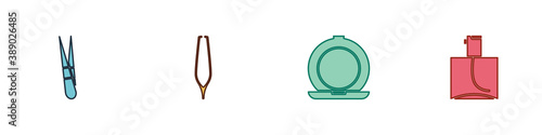 Set Eyebrow tweezers, , Makeup powder with mirror and Perfume icon. Vector.
