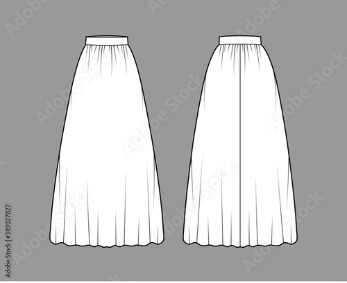 Skirt maxi dirndl technical fashion illustration with floor ankle lengths silhouette, semi-circular fullness. Flat bottom template front, back, white color style. Women men unisex CAD mockup