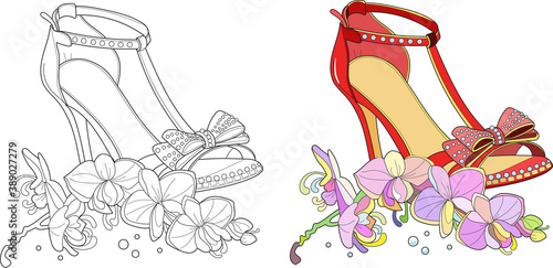 Hand drawn outline ornamental high heel shoe illustration. Nearby is an orchid flower. Zen art style illustration. Colouring page for adult coloring book with sample.