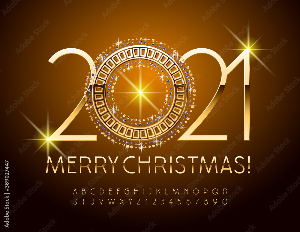 Vector Merry Christmas 2021 greeting card with Sparkling Brilliant Ornate. Elegant shiny Font. Golden Alphabet Letters and Numbers set