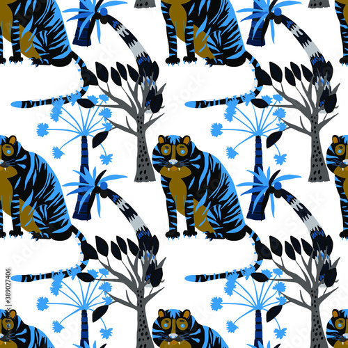 Creative seamless pattern with tiger in tropical forest. Bright summer print for any purposes. Trendy style. 