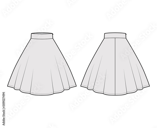 Skirt circular fullness technical fashion illustration with below-the-knee lengths silhouette, thick waistband. Flat bottom template front, back, grey color style. Women men unisex CAD mockup