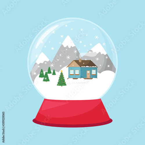 A snow globe with a house, snowdrifts and mountains inside. Cute toy, a symbol of winter, new year and Christmas. Illustration in a flat style, isolated on a blue background